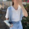Verano Estilo Coreano Retro Estilo Hong Kong Estilo Extranjero Color Sólido Versátil Manga Corta Cuello Camisero polo Camisa de Punto Camiseta de Seda de Hielo Top para Mujer