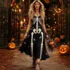 Vestido de suspensório com estampa de esqueleto para Halloween feminino, padrão vintage de morcego e lua, corte solto, vestido longo atmosférico para festa