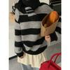 Suéter de Punto Rayado con Cuello en V Coreano para Mujer Otoño e Invierno Nuevo Estilo Holgado de Talla Grande Color de Contraste Perezoso Tejido Transfronterizo
