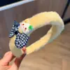 Nova Faixa de Cabelo Xadrez com Laço de Gato de Desenho Animado Peludo Outono e Inverno para Menina Bb Doce Acessórios de Cabelo Adorno de Cabeça