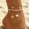 Tobillera de Cuentas de Arroz con Colgante de Concha Estilo Bohemio Europeo y Americano Transfronterizo Retro Versátil Personalizada Multicapa Joyería de Pie para Vacaciones