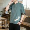 Camiseta masculina de verão, de linho fino, manga curta, estilo chinês, bordado de guindaste, algodão e linho, moda solta, roupa antiga
