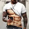 Camiseta Cruzada WISH Verão Essencial Masculino Pacote Muscular Estampa de Músculos Abdômen Falso Personalidade Músculo Peitoral Falso Realista
