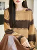 Suéter de Mujer Otoño Invierno Nuevo Cuello Redondo Bloques de Color Rayas Punto Versátil Rayas Lentejuelas Casual Holgado Jersey Manga Larga