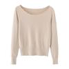 2450-25 Nuevo Estilo Otoño Americano Sexy Encaje Denso de Perlas Cuello de Una Línea Pura Deseo Escote Expuesto Suelto Suéter de Manga Larga