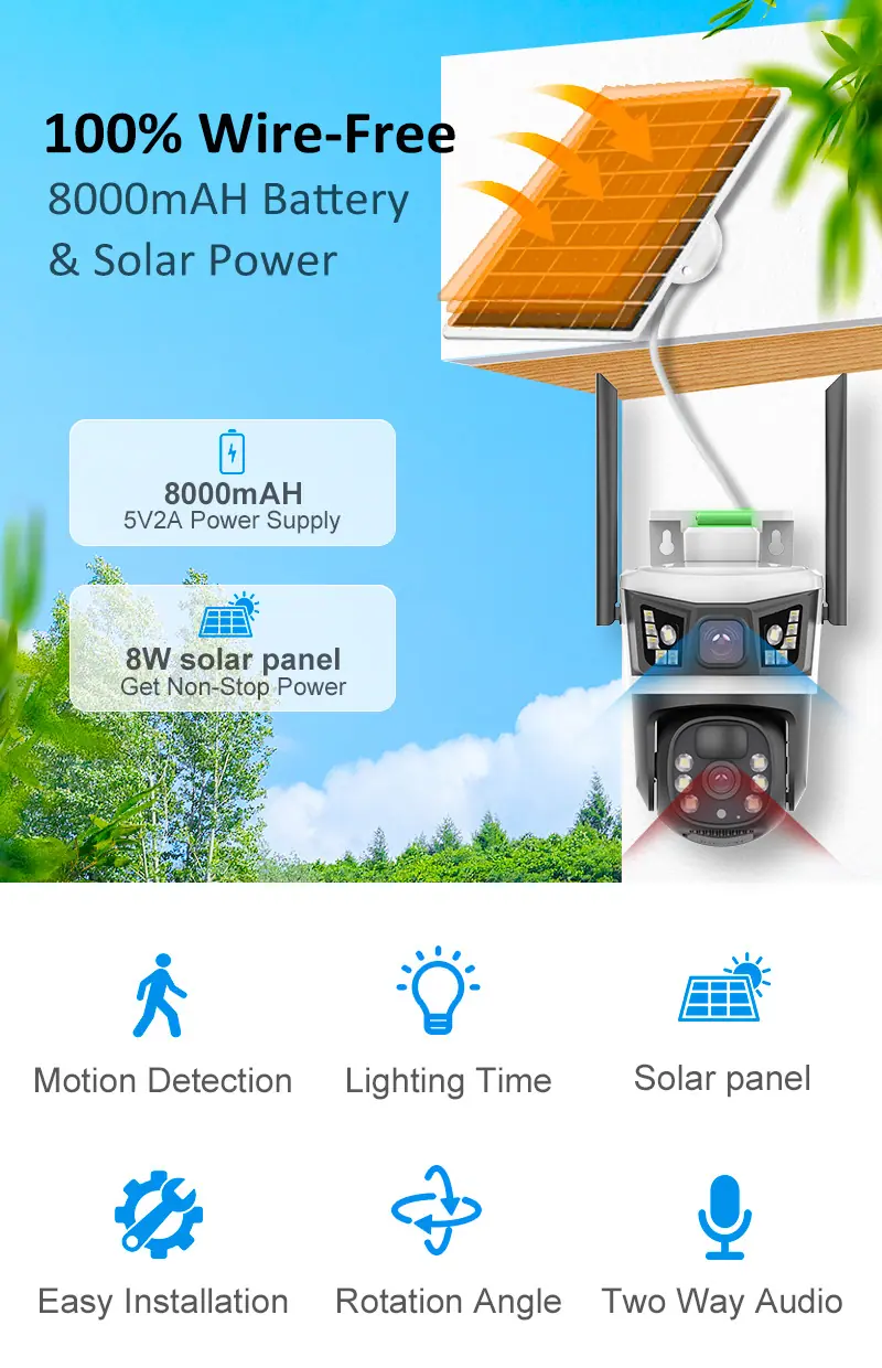 太阳能4G全景V380监控器无线手机远程室外双镜头枪球联动双