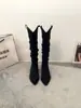 Apertura Grande en la Pantorrilla Corte en V Botas de Montar Largas para Mujer 2026 Otoño/Invierno Nuevas Tacón Grueso Punta Fina Calado Chelsea Vaqueras Western Botas Plisadas