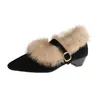 Zapatos Mary Jane Retro de Gamuza con Borde Deshilachado para Mujer, Nuevo Estilo Otoño/Invierno 2026, Punta Fina, Tacón Medio, Hebilla, Zapatos de Tacón Grueso