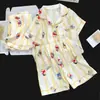Conjunto de Pijama de Tres Piezas Simple Casual de Nube Verano Nuevo Manga Corta Shorts Pantalones Largos Ropa de Casa Delgada Verano Lindo