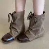 Botines vaqueros estilo vintage de ante con cordón y cordones Chuyuji para mujer con aumento interno de altura y botines cortos tipo desierto plisados