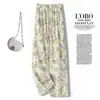Calça Wide Leg Estampada de Seda Gelada para Mulheres 2026 Novo Verão Fina Cintura Elástica Solta Casual Calças de Cintura Alta Retas Longas