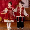 Roupa de Ano Novo para Meninos Inverno 2025 Novo Estilo Hanfu Festivo para Meninas Roupa de Ano Novo Infantil Conjunto de Roupa Formal para Bebê de Um Ano