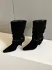 Primer Encuentro Ji Dong Qiu Estilo Nuevo Punta Cuadrada Hebilla Tacón Alto Botas de Media Caña Moda Femenina Temperamento Adelgazante Fruncidas Botines Botines