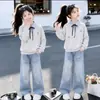 Conjunto de Duas Peças para Meninas Estilo Coreano Academia Primavera e Outono Novo Moletom com Gola Polo Jeans Estrelado Conjunto de Duas Peças para Meninas