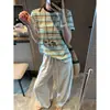 Mochie Sentido del Diseño de Moda Estilo Coreano Bloques de Color Retro Rayas Hombro Normal Versátil Adelgazante Camiseta de Manga Corta MQ1547