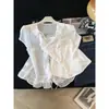 Ruo Xin~Conjunto de duas peças para mulheres: camisola de renda em camadas com cardigã de manga curta, verão, leve, chique, babados, top com amarração