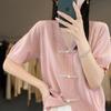 Camiseta de Punto de Manga Corta para Mujer Verano 2025, Cuello en V Simple Elegante, Hebilla de Disco con Cuentas, Abertura, Holgada, Estilo Chino