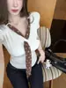 5250# Verano Nuevo Puro Deseo Hombro Normal Cuello en V Lunares Pañuelo de Seda Patchwork Camiseta de Manga Corta para Mujer Ajustada Correa Fija Almohadilla en el Pecho