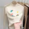 Camiseta de manga longa dupla face em fleece estilo coreano para meninas, coleção outono e inverno, para crianças mais velhas, justa, quente, gola alta discreta, base casual