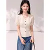 Sí, blusa de gasa de manga corta estilo francés para mujer, top de verano ajustado a la cintura, adelgazante, con mangas abullonadas