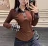 Camiseta de Manga Larga con Cuello de Solapa a Cuadros Estilo Coreano Patchwork para Mujer, Nuevo Atuendo de Otoño e Invierno para Navidad, Top Básico Vintage Ajustado