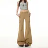 Jeans Workwear Khaki Clássico com Múltiplos Bolsos, Calça Flare Elástica, Bolsos Grandes Estilo Americano, Cintura Baixa, Suporta Dropshipping