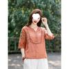Sudeste Asiático Primavera y Otoño Talla Grande Suelto Elegante Casual Estilo Occidental Reductor de Edad Algodón y Lino Bordado Cuello en V Manga Tres Cuartos Camiseta Top