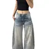 Jeans Bordados Lavados y Desgastados Estilo Retro Americano para Mujer, Pantalones de Otoño de Cintura Alta Sueltos Rectos de Pierna Ancha hasta el Suelo