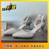 Elegantes Tacones Altos de Aguja de Cristal Cisne Negro con Correa de Hebilla, Punta Afilada para Mujer, Adornos de Pedrería, Lentejuelas, Perlas y Lazo