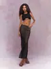 Saia Longa de Renda Pura com Estampa de Bolinhas e Tecido Mesh Transparente, com Toque de Luxo Leve, Acabamento em Renda, Fenda Sexy, Meia-Saia Estilo Férias