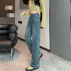 Jeans casuais desfiados novos para primavera e outono femininos, retos, soltos, de perna larga, cintura alta, design modelador, calças boca de sino