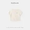 5A Algodão Seda de Gelo Bebê Manga Curta Gola Redonda Camiseta Infantil Verão Novo Estilo Meninas Manga Meia Cor Blocada Bolso Fashion
