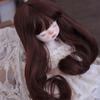 Peluca de muñeca BJD de 6 puntas, cubierta para la cabeza, cabello falso, imitación de seda color leche, cabello castaño oscuro largo y rizado, cubierta para el cabello de muñeca de tela pequeña.