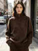 Marca independiente transfronteriza europea y americana, suéter de punto de cuello alto con media cremallera estilo coreano, top de punto holgado y casual para mujer