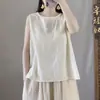 Chaleco artístico jacquard de algodón y lino vintage para mujer, nuevo estilo de verano, color liso, prenda exterior sin mangas versátil, top base ligero