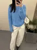 Cárdigan Suéter Suave Azul Suave Estilo Coreano para Mujer, Otoño Temprano Top Chaqueta de Punto Trenzado Retro Perezoso de Gama Alta