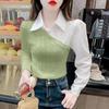 Nuevo suéter de otoño temprano para mujer de dos piezas falsas 2025 otoño moda moderna estilo occidental costuras otoño manga larga top