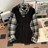 Camisa de Manga Larga a Cuadros Patchwork Estilo Cityboy Japonés para Hombres y Mujeres, Otoño Holgada Ins Marca de Moda Falso Dos Piezas Top de Punto