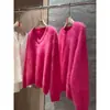 Promoção de Liquidação Suéter de Tricô V-Neck Veludo Mink Vermelho Rosado Suave Estilo Francês para Mulheres, Novo Modelo de Inverno