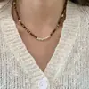 Colar com corrente para clavícula banhado a prata 925 estilo Maillard, corpo inteiro, para fashion blogger, com pedra olho de tigre quadrada costurada