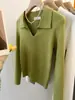 Suéter de malha cinza estilo francês com gola polo para mulheres, peça base de outono, suéter fino, top vintage com gola virada