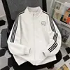 Sudadera cárdigan casual deportiva a rayas para otoño e invierno, unisex, corte holgado, adelgazante, con un pequeño estampado de gato y cuello alto, adecuada para parejas