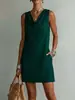 Nuevo vestido corto de mujer de estilo europeo y americano, éxito transfronterizo en TikTok, color liso, drapeado, sin mangas, cuello fruncido, con bolsillos