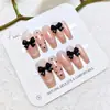 Rosa Nude Negro Lazo Dulce Manicura Linda y Juguetona Estilo Uñas Largas Usables 10 Piezas de Parches para Uñas Postizas