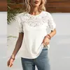 2024 Fornecimento transfronteiriço da Amazon de nova camiseta top de moda europeia e americana com gola redonda, costura de renda e manga curta raglan