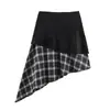 Saia faux two-piece de inspiração desértica estilo americano para mulheres, retalhos de camurça com estampa xadrez, barra irregular, saia em camadas para um look ousado