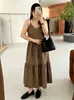 Vestido de tirantes a cuadros vintage con cuello en V para mujer talla grande 2026 otoño vestido pastel talla grande con falda larga interior