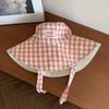 Sombrero de Pescador a Cuadros Estilo Coreano de Ala Ancha con Cordones para Mujer Verano Ala Grande Rostro Pequeño Sombrero Parasol Sombrero Cubeta Protector Solar