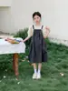 Conjunto de Camisa Estilo Muñeca de Manga Corta y Falda con Tirantes para Niñas Mayores, Ropa Infantil, Conjunto de Dos Piezas de Camiseta y Vestido para Niñas