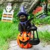 Linterna de Sombrero Negro de Halloween Estatua Solar para Jardín Esqueleto de Mano Gato Negro Decoración Decoración para Patio Exterior